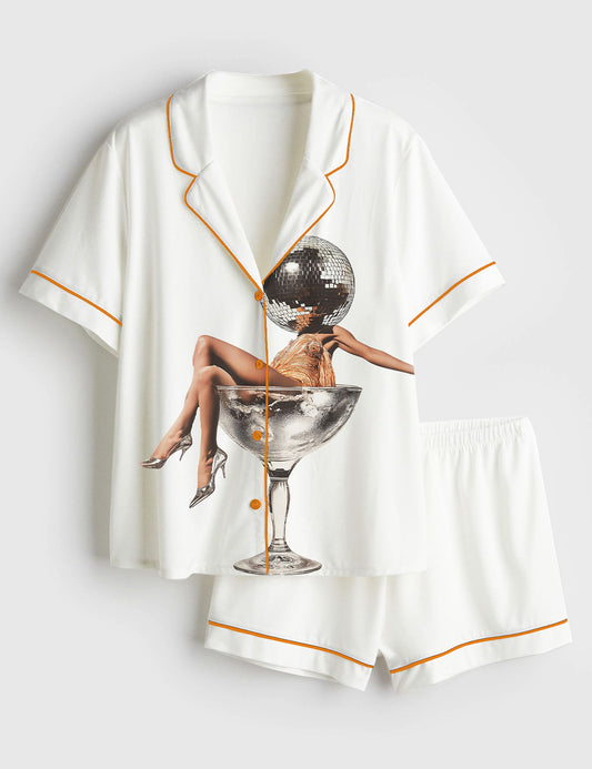Women’s Fashionable Girl In A Martini Cocktail Wine Glass Short Sleeve Satin Pajama Set