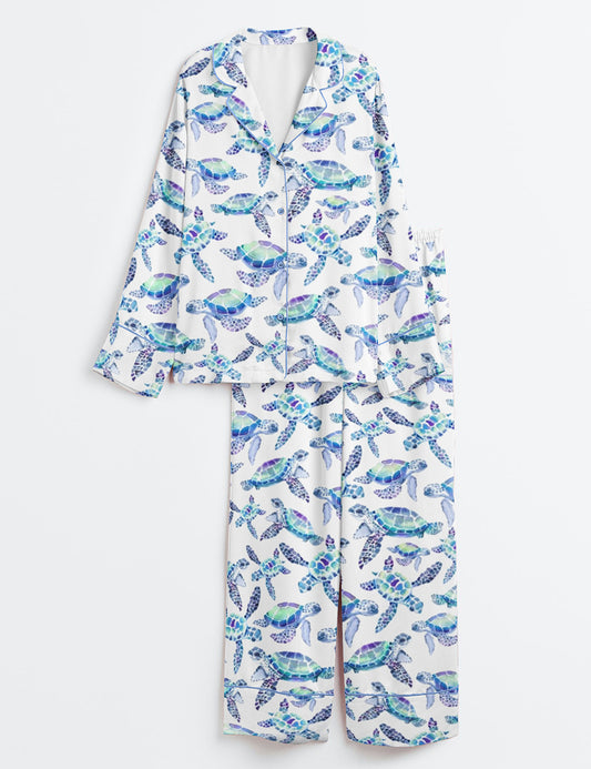 Women’s Sea Turtles Summer Sea Life Animal Print Long Sleeve Satin Pajama Set