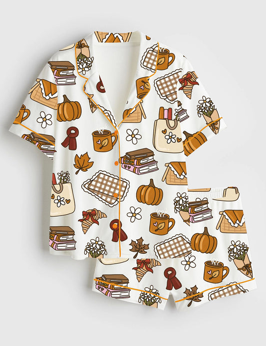 Women’s Retro Fall And Halloween Pumpkin Cozy Fall Picnic Reading Books And Coffee Print Short Sleeve Satin Pajama Set