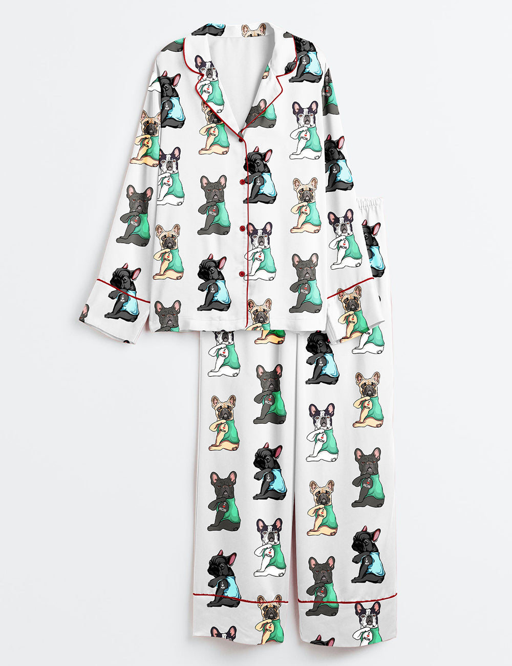 Women’s French Bulldog I Love Mom Frenchie Mom Cute Frenchie Bulldog Print Long Sleeve Satin Pajama Set