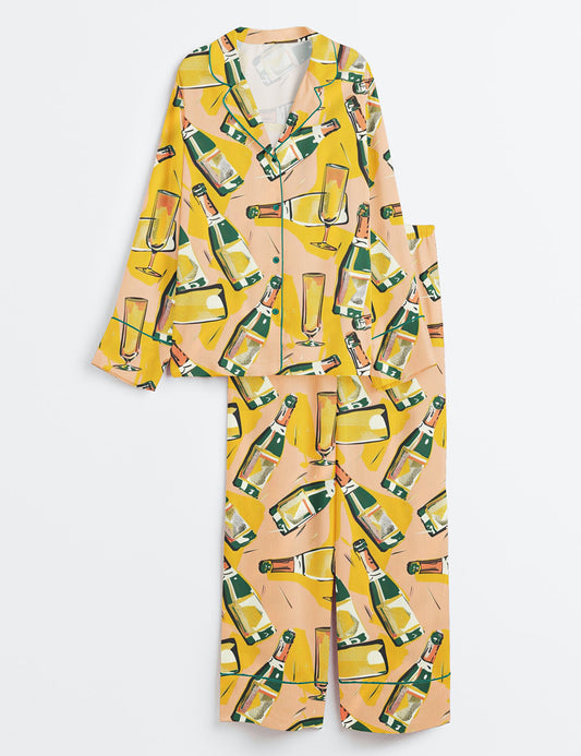 Women's Colorful Champagne Glasses Abstract Long Sleeve Satin Pajama Set