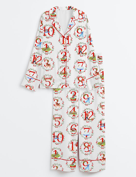 Women’s Twelve Days Of Christmas Long Sleeve Satin Pajama Set
