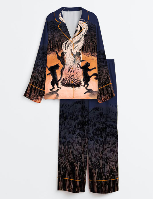 Women’s Black Cat Dancing Around The Bonfire Halloween Long Sleeve Satin Pajama Set