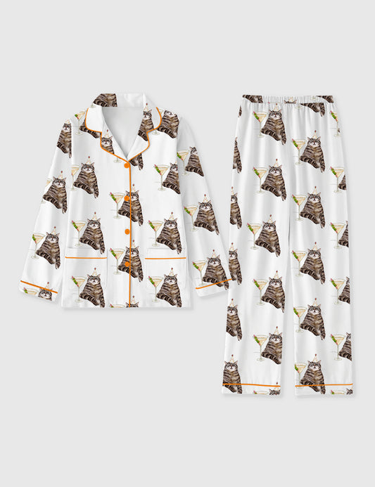 Women's Cat Drinks Espresso Martini Cocktail Long Sleeve Pocket Cotton Pajama Set