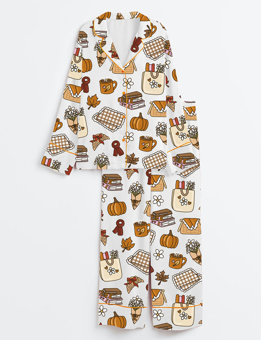 Women’s Retro Fall And Halloween Pumpkin Cozy Fall Picnic Reading Books And Coffee Print Long Sleeve Satin Pajama Set