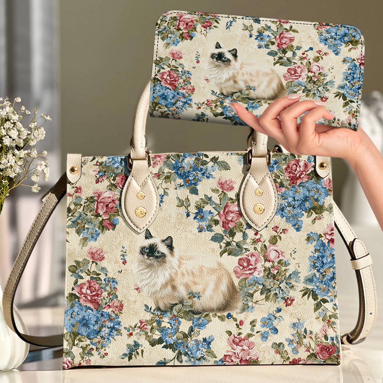 Cat Leather Bag Vintage Floral Cat