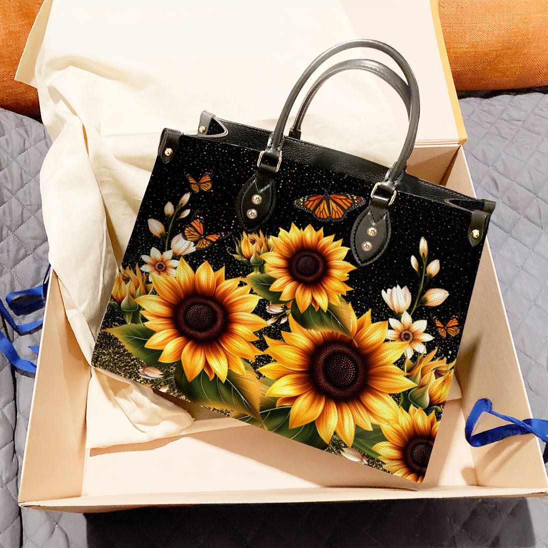 Leather Bag Golden Sunflower with Monarch Charm