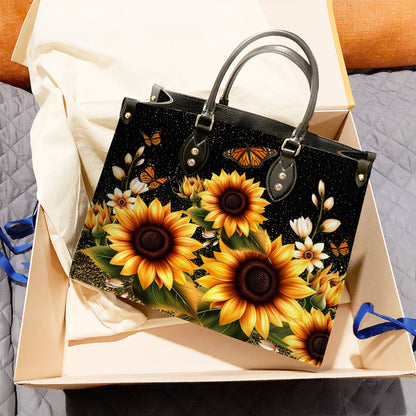Leather Bag Golden Sunflower with Monarch Charm