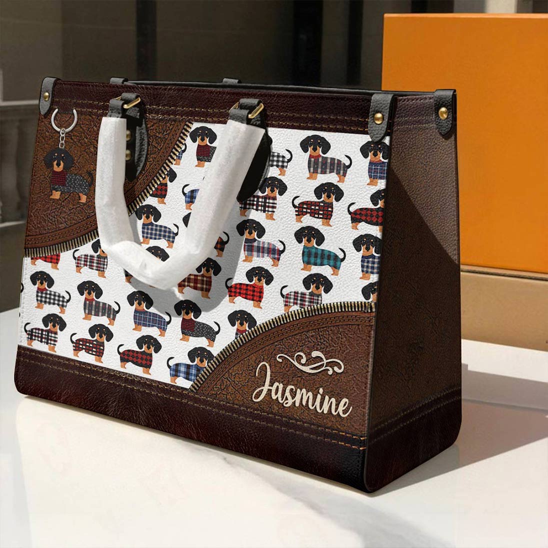 Lorva Leather Bag Personalized Amazing Flannel Dachshund