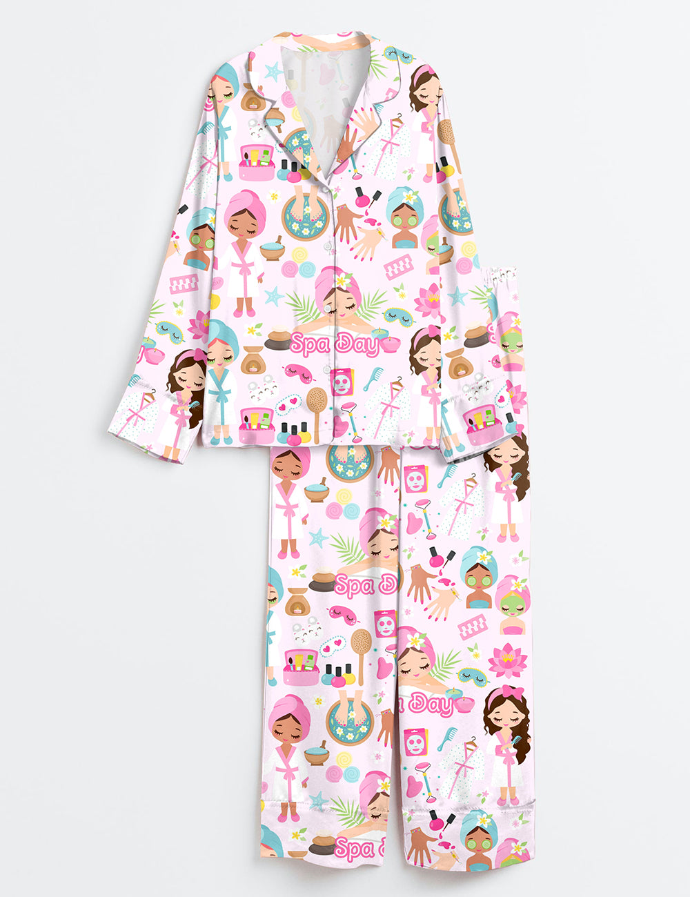 Women’s Spa Day Cute Spa Girl Self Care Spa Birthday Manicure Pedicure Mani Pedi Print Long Sleeve Satin Pajama Set