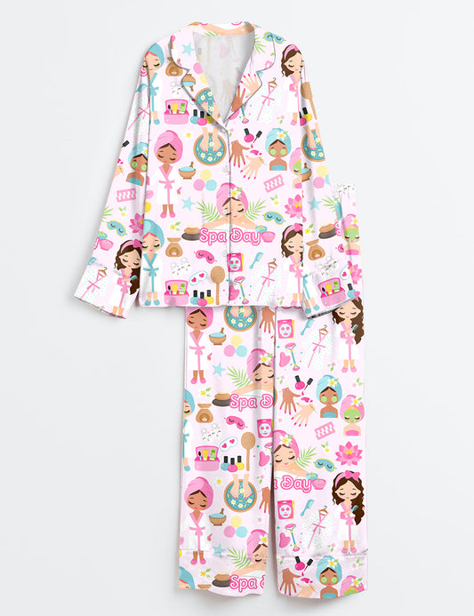Women’s Spa Day Cute Spa Girl Self Care Spa Birthday Manicure Pedicure Mani Pedi Print Long Sleeve Satin Pajama Set