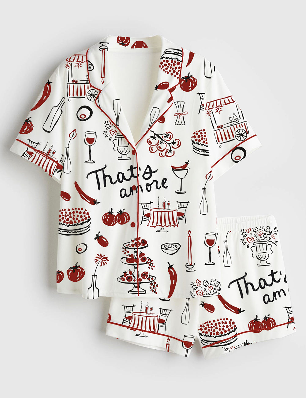 Women’s Hand Drawn Whimsical Illustrations Of Italian Food Italian Wedding Print Short Sleeve Satin Pajama Set