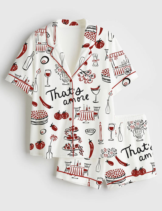 Women’s Hand Drawn Whimsical Illustrations Of Italian Food Italian Wedding Print Short Sleeve Satin Pajama Set