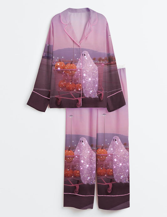 Women’s Ghost Pushing A Shopping Cart Filled With Pumpkins Halloween Long Sleeve Satin Pajama Set