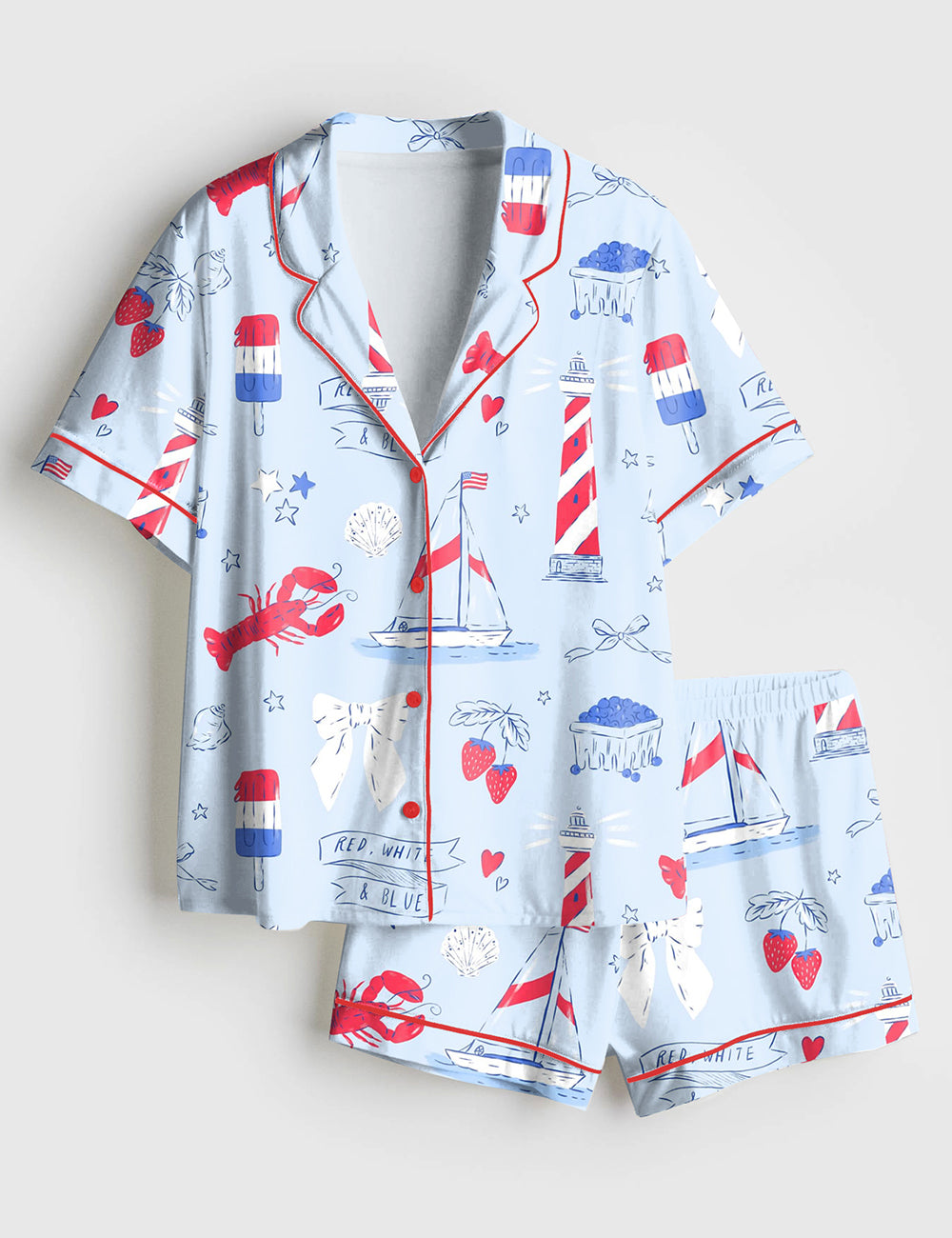 Women’s Summer Americana East Coast Red White And Blue Patriotic 4th Of July Short Sleeve Satin Pajama Set