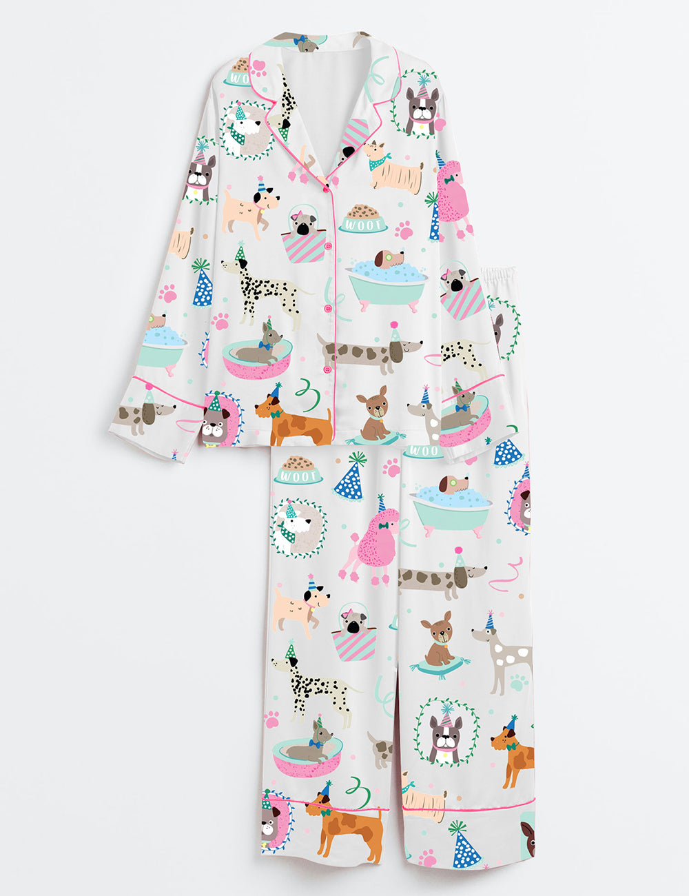 Women’s Pawty Pups Cute Dog Party Art Print Long Sleeve Satin Pajama Set