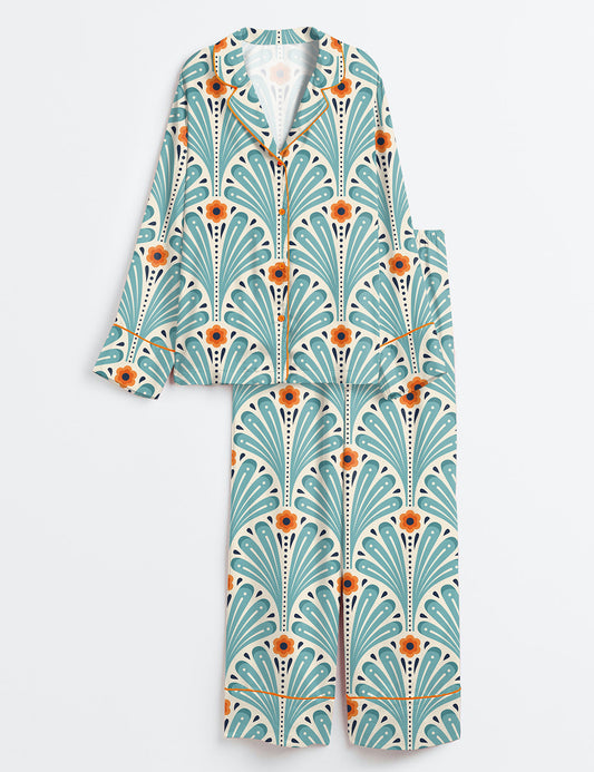Women’s Tropical Maximalist Emerald Green Fans Sunset And Leaves Flowers Long Sleeve Satin Pajama Set