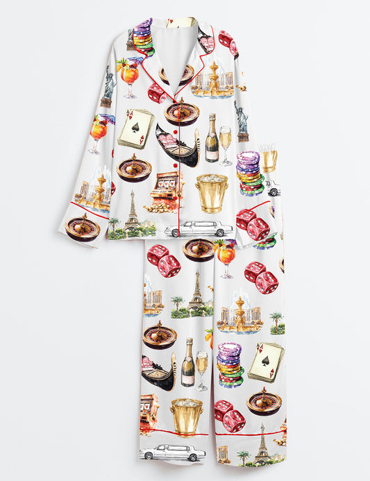 Women’s Las Vegas Clipart Vacation Travel Long Sleeve Satin Pajama Set