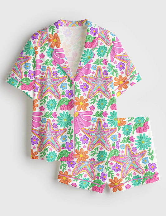 Women’s Retro Floral Summer Preppy Starfish Ocean Summer Vibes Girly Summer Beach Print Short Sleeve Satin Pajama Set