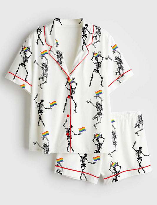 Women’s Skeleton Pride Rainbow LGBTQ Funny Gay Pride Print Short Sleeve Satin Pajama Set