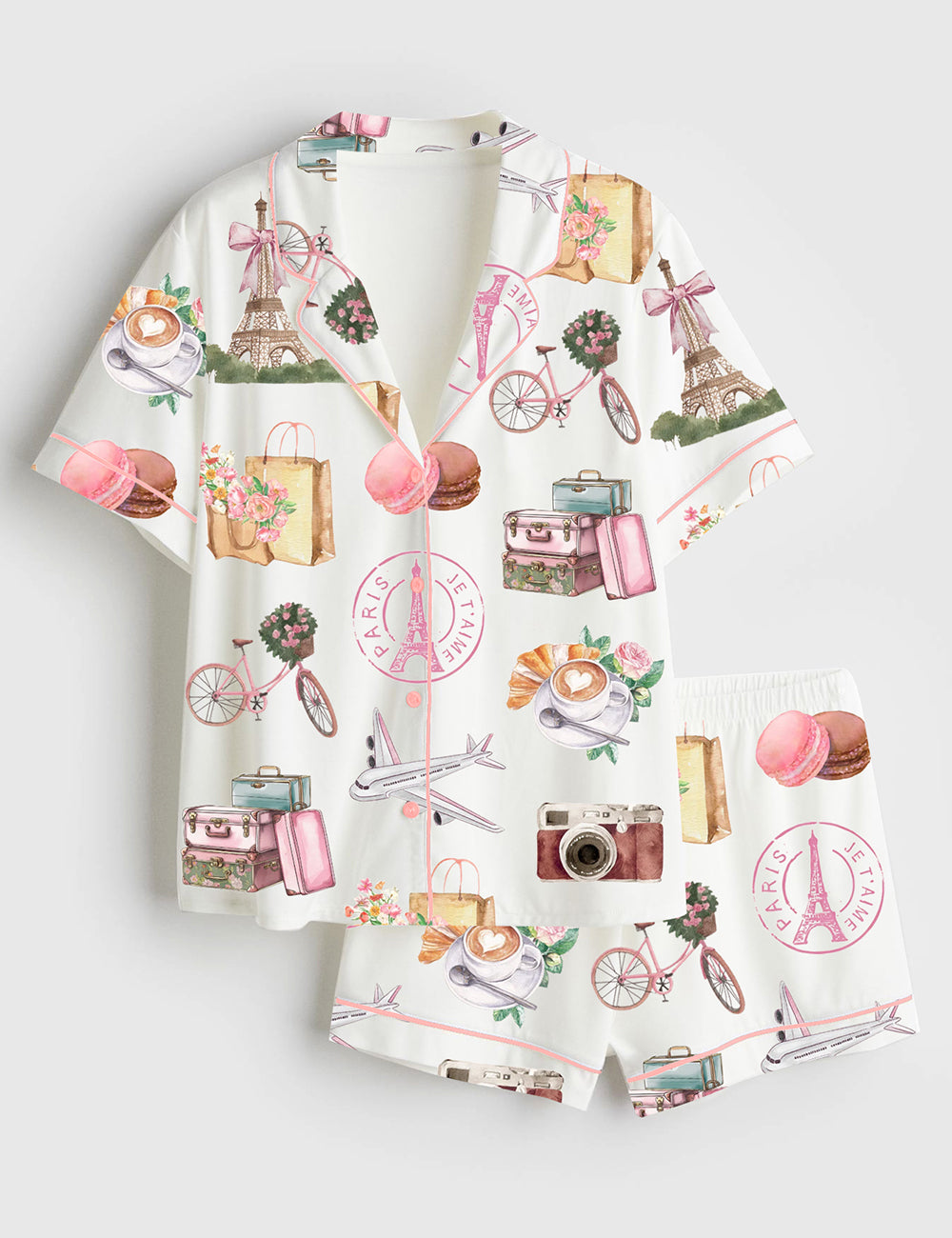 Women’s Paris France Girls Trip Family Vacation Summer Travel Short Sleeve Satin Pajama Set