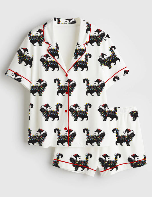Women’s Cute Cat Christmas Cat Mom Holiday Cat Lover Short Sleeve Satin Pajama Set