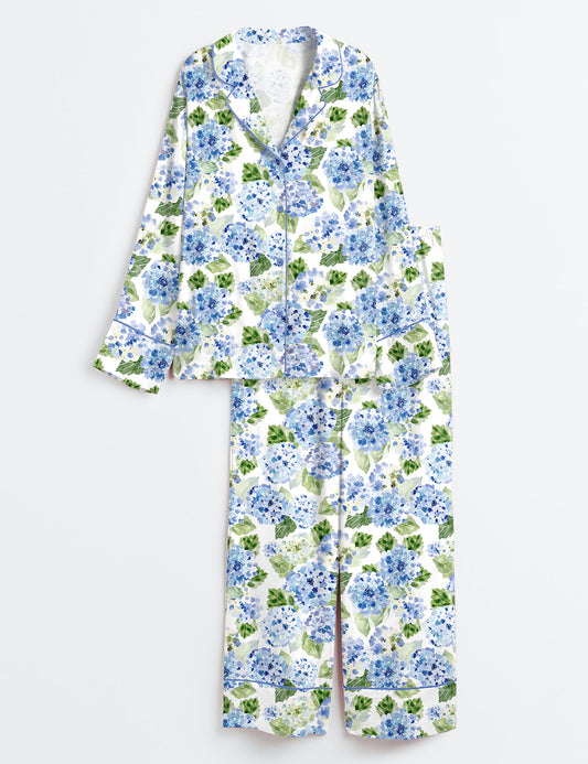 Women’s Blue Hydrangea Floral Long Sleeve Satin Pajama Set