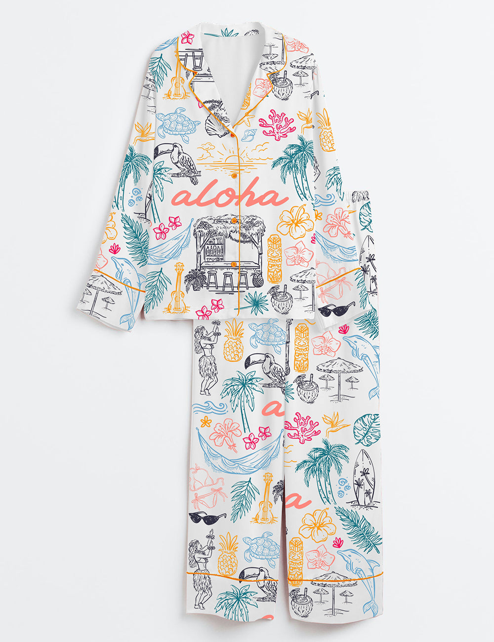 Women’s Aloha Tropical Exotic Hawaian Whimsical Style Seaside Ocean Aloha State Of Mind Long Sleeve Satin Pajama Set