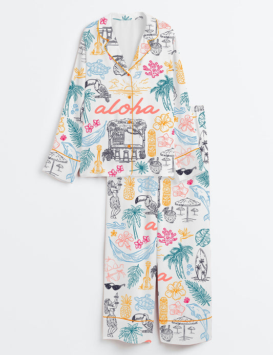 Women’s Aloha Tropical Exotic Hawaian Whimsical Style Seaside Ocean Aloha State Of Mind Long Sleeve Satin Pajama Set