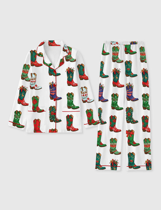 Women's Christmas Western Cowboy Boots Long Sleeve Pocket Cotton Family Pajama Set