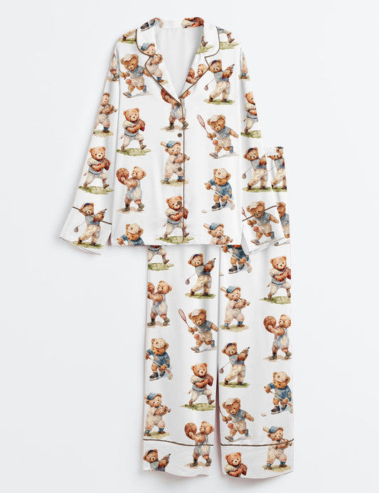 Women’s Vintage Teddy Bear Sports Watercolor Bear Playing Ball Print Long Sleeve Satin Pajama Set