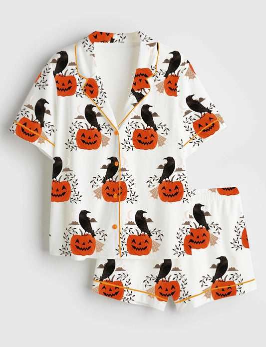 Women’s Halloween Raven Black Crow On Pumpkin Short Sleeve Satin Pajama Set