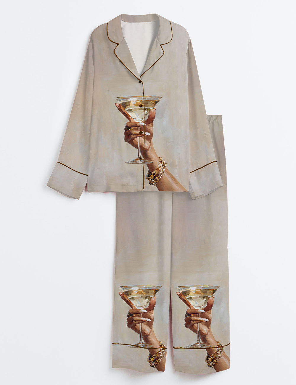 Women’s Chic Martini Glass Hand Holding Cocktail Modern Champagne Long Sleeve Satin Pajama Set