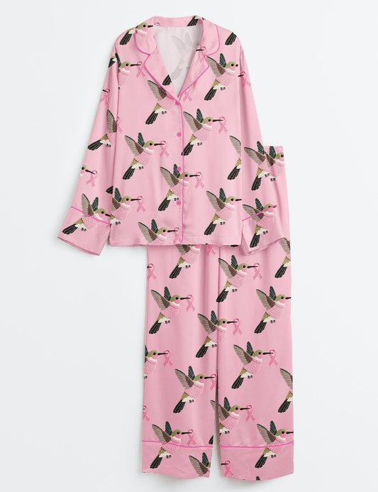 Women’s Bird In Pink Clothes Breast Cancer Awareness Long Sleeve Satin Pajama Set