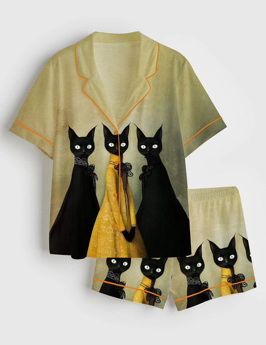 Women’s Elegant Cat Short Sleeve Satin Pajama Set