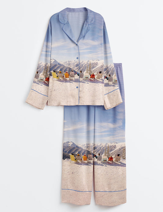 Women’s Vintage Skiing Adventurous Outdoor Dining Spots Apres Ski Long Sleeve Satin Pajama Set