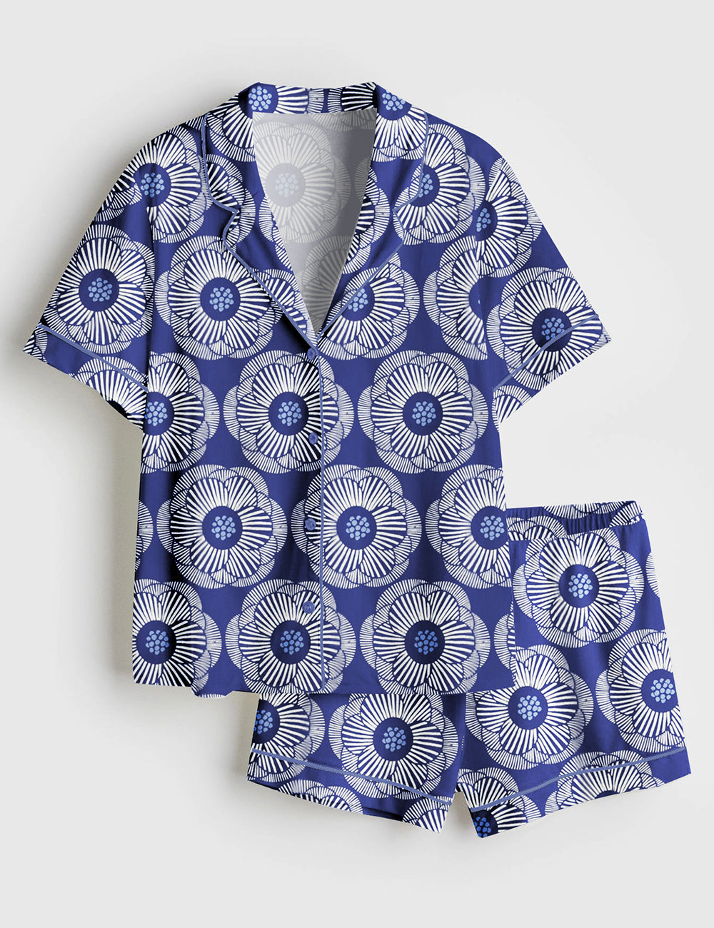 Women’s Camellia White On Dark Blue Bright Short Sleeve Satin Pajama Set