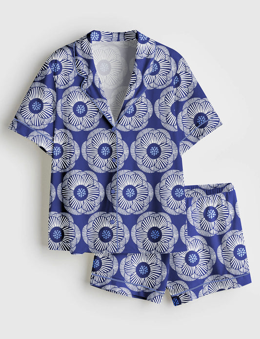 Women’s Camellia White On Dark Blue Bright Short Sleeve Satin Pajama Set