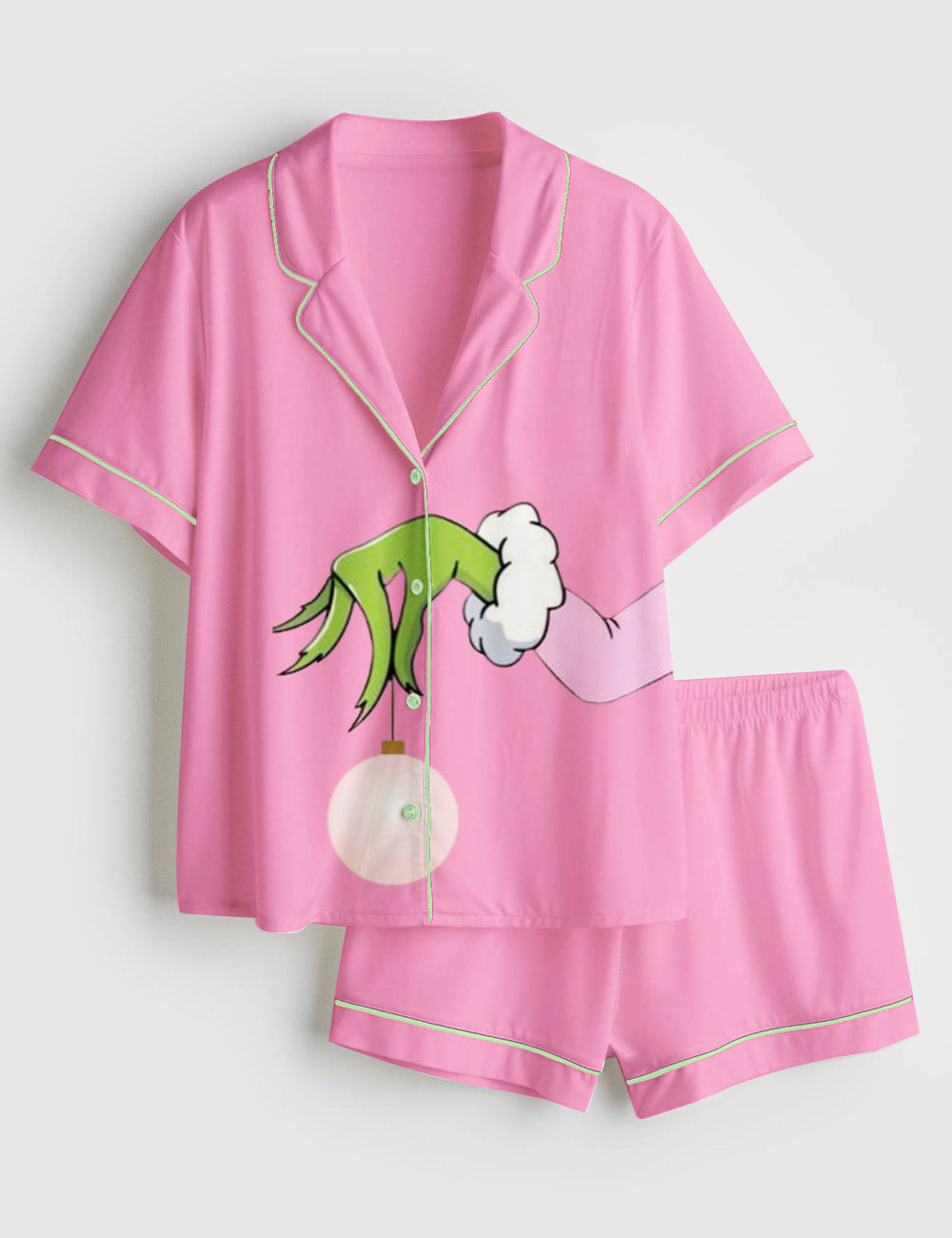 Women’s Pink Christmas Grinch Short Sleeve Satin Pajama Set