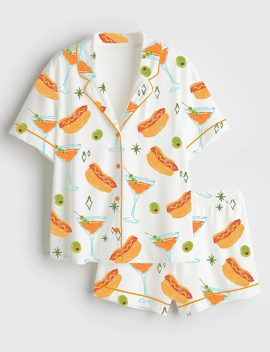 Women’s Weenies And Tinis Bachelorette Party Martini Social Club Print Short Sleeve Satin Pajama Set