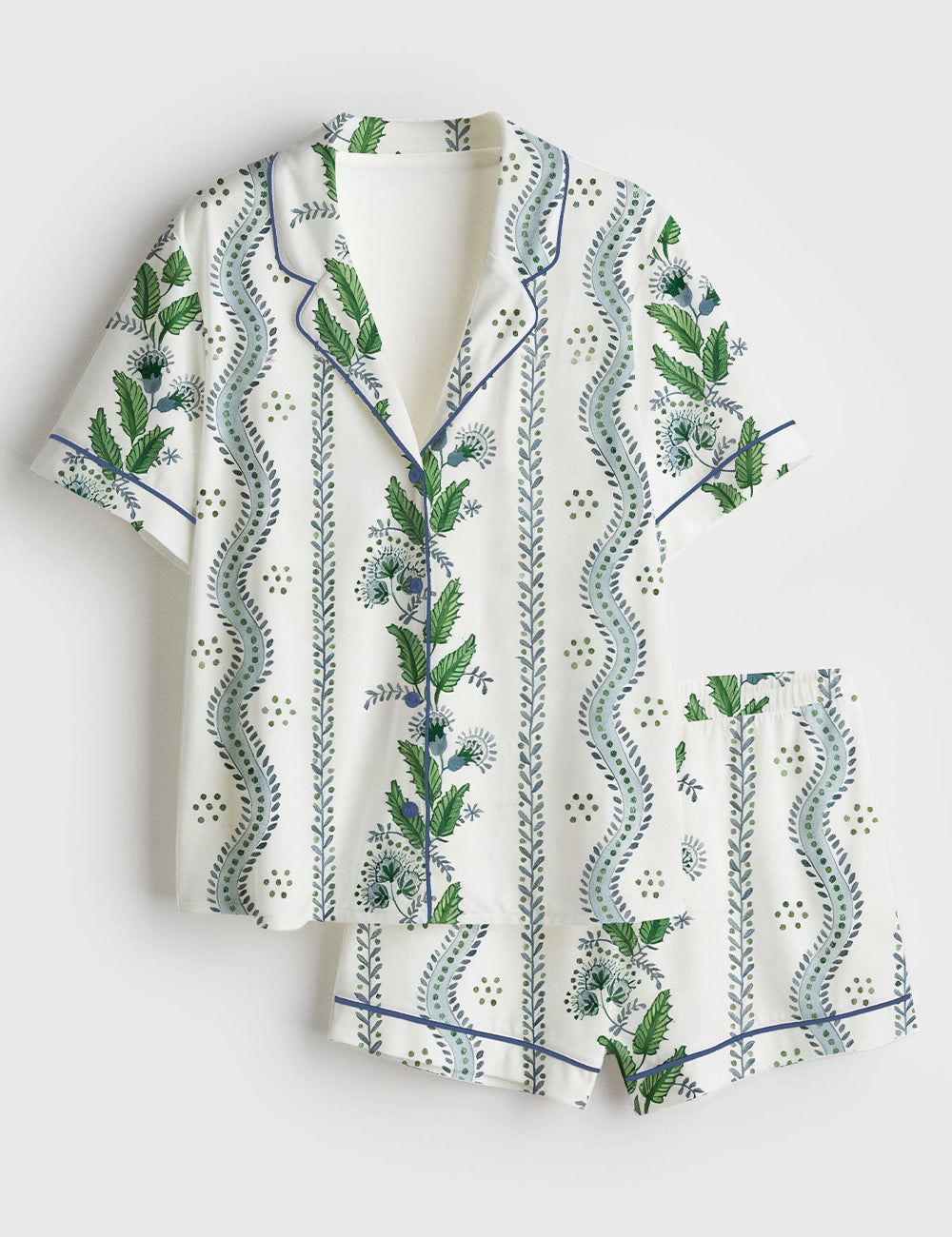 Women’s Pastel Preppy Light Blue Green Grandmillennial Botanical Floral Short Sleeve Satin Pajama Set