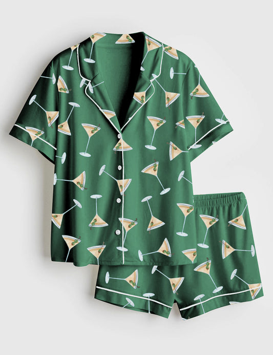 Women’s Martini Cocktail Short Sleeve Satin Pajama Set