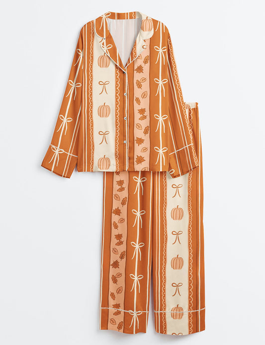 Women’s Coquette Bow Pumpkin Stripes Long Sleeve Satin Pajama Set