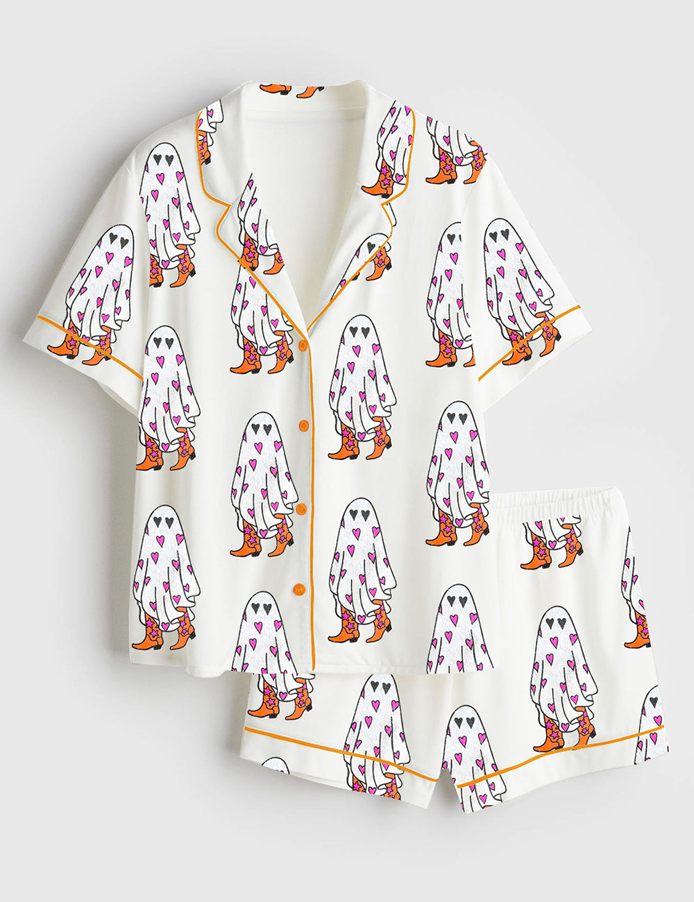 Women’s Boo In Boots Western Cowgirl Halloween Spooky Ghost Short Sleeve Satin Pajama Set