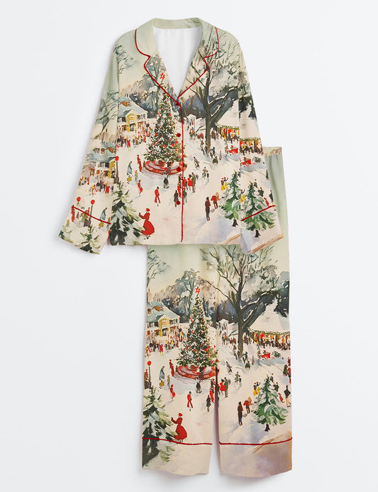Women’s Winter Town Square Art Print Festive Christmas Scene Long Sleeve Satin Pajama Set