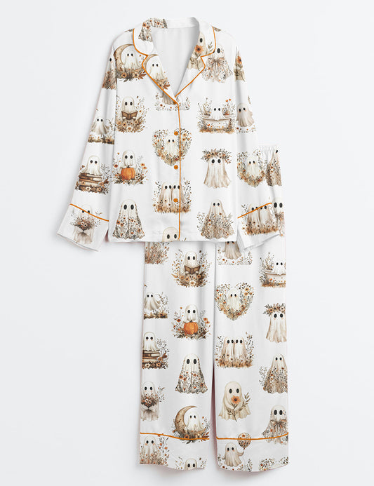 Women’s Vintage Fall Ghost Autumn Boho Watercolor Ghost And Flower Print Long Sleeve Satin Pajama Set