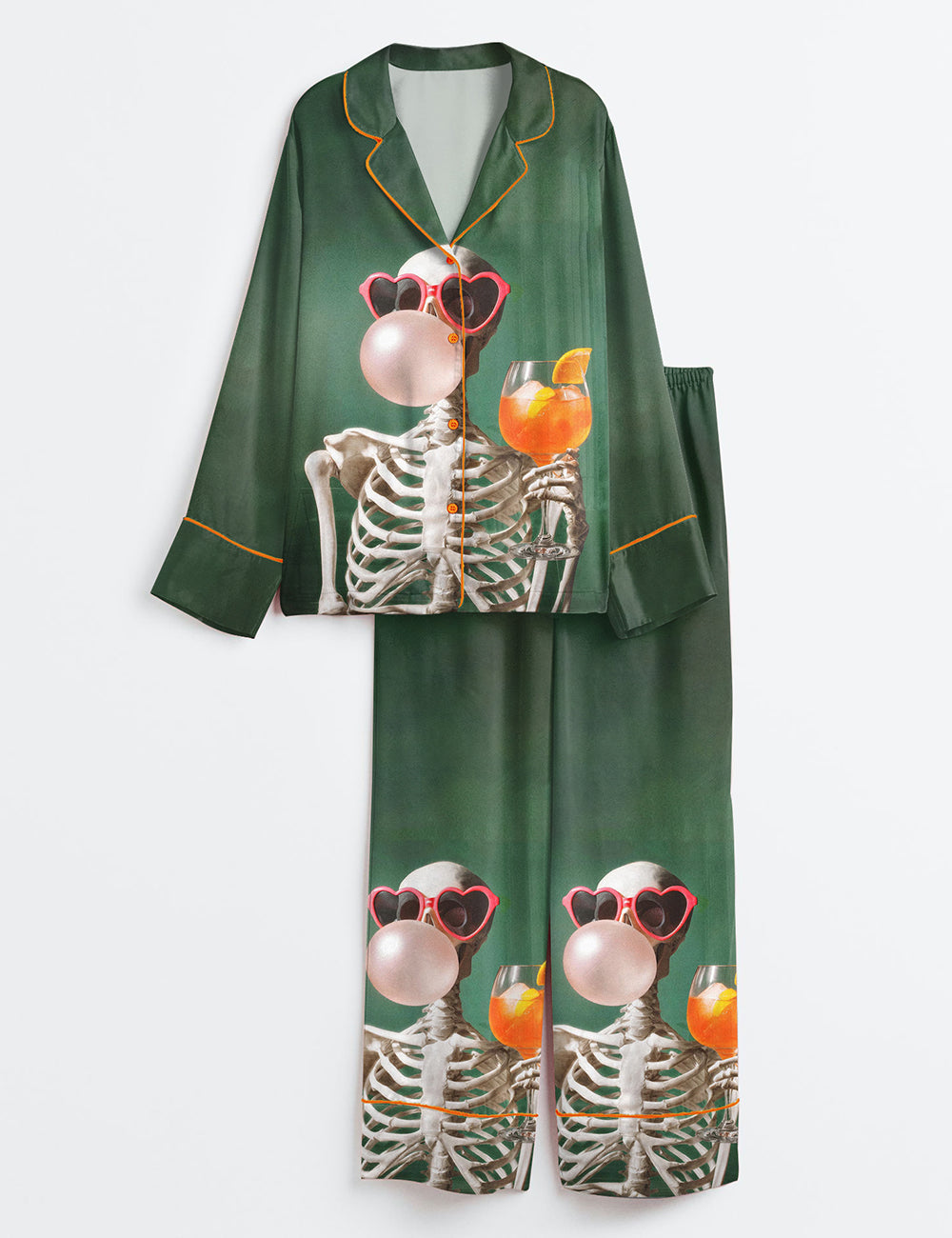 Women’s Summerween Skeleton Spooky Cocktail Halloween Long Sleeve Satin Pajama Set
