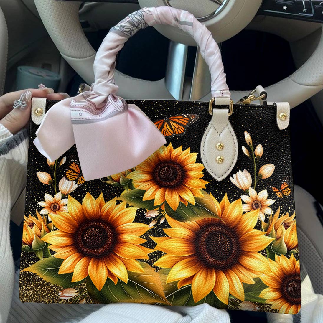 Leather Bag Golden Sunflower with Monarch Charm