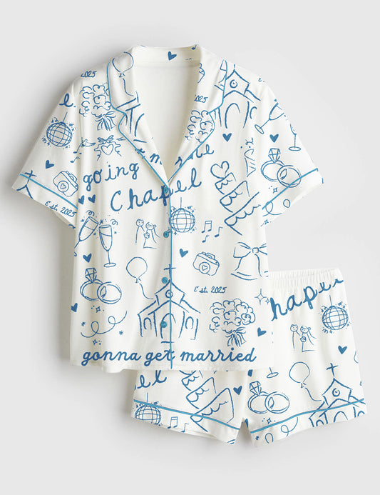 Women’s Going To The Chapel Gonna Get Married Bachelorette Bride Wedding Art Print Short Sleeve Satin Pajama Set
