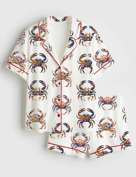 Women’s Crab With Floral Boho Floral Crab Sea Life Coastal Summer Beach Print Short Sleeve Satin Pajama Set